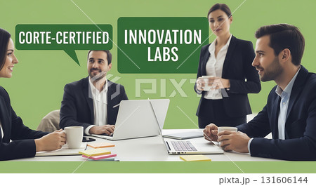 Business meeting with laptops and coffee cups with corte certified innovation labs text overlay 131606144