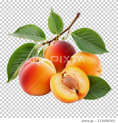 Isolate a pile of ripe apricots on a branch with green leaves perfectly demonstrates a fresh harvest. The image is suitable for healthy eating and summer fruit themes. 131606563