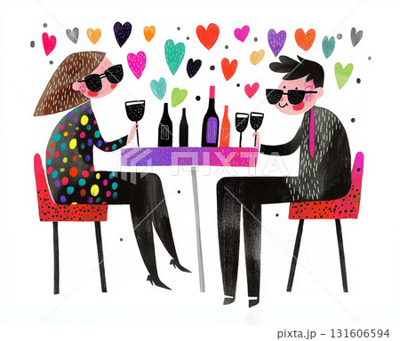 A man and woman enjoy drinks together at a bar on Valentines Day, smiling and holding glasses of wine. The couple is sharing a fun, romantic moment in a simple cartoon illustration. AI-generated 131606594