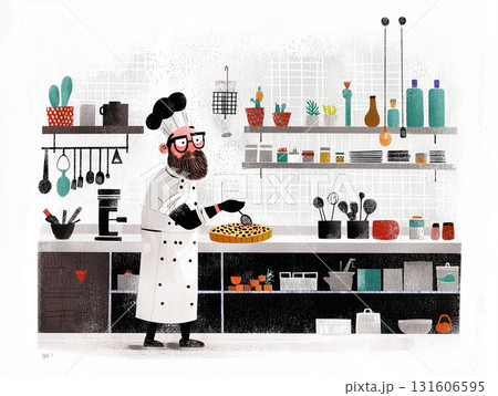 A tired male chef in a uniform stands in a kitchen next to a pie on the table. The man looks confused, holding a utensil while daydreaming in the restaurant kitchen. AI-generated illustration A tired male chef in a uniform stands in a kitchen next to a pie on the table. The man looks confused, holding a utensil while daydreaming in the restaurant kitchen. AI-generated illustration 131606595