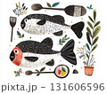 Two fresh fish lie on a kitchen counter, surrounded by herbs and utensils. The ingredients are ready for cooking a healthy seafood dish in this watercolor illustration. AI-generated 131606596