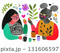 Two young women sit together, smiling and sipping tea from mugs, enjoying cookies and conversation. The friends laugh and have fun during a cozy brunch. Simple AI-generated illustration 131606597