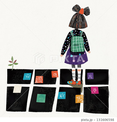 A little girl with a backpack stands alone, seen from behind, on a playground. She looks at something, appearing lost or waiting. Simple AI-generated illustration A little girl with a backpack stands alone, seen from behind, on a playground. She looks at something, appearing lost or waiting. Simple AI-generated illustration 131606598