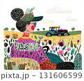 An older woman sits alone on a chair surrounded by wildflowers enjoying the scenic view. The lady looks at a distant tractor working in the field. AI-generated illustration 131606599