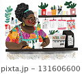 A woman works at a reception desk, organizing papers and cards in an office. A black lady in glasses stands behind a counter at her workplace. AI-generated illustration 131606600