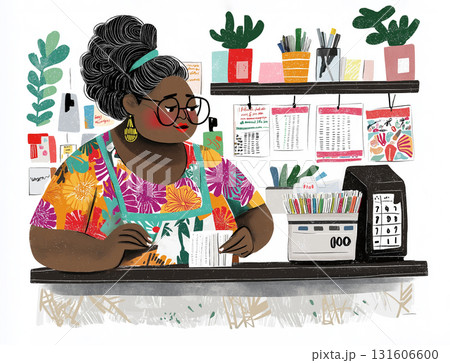 A woman works at a reception desk, organizing papers and cards in an office. A black lady in glasses stands behind a counter at her workplace. AI-generated illustration A woman works at a reception desk, organizing papers and cards in an office. A black lady in glasses stands behind a counter at her workplace. AI-generated illustration 131606600