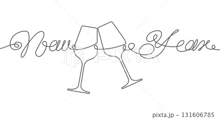 New Year .Glasses for alcohol.Festive champagne. Christmas holidays. One line drawing. Vector illustration. New Year .Glasses for alcohol.Festive champagne. Christmas holidays. One line drawing. Vector illustration. 131606785