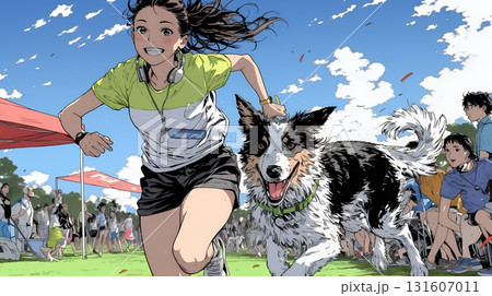 愛犬を調教している若い女性