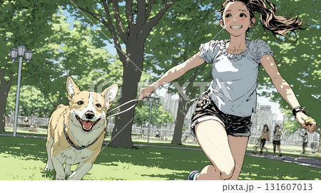 愛犬を調教している若い女性