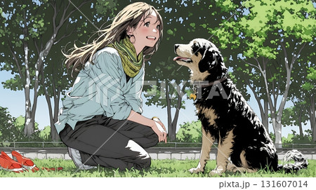 愛犬を調教している若い女性