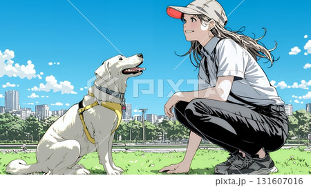 愛犬を調教している若い女性