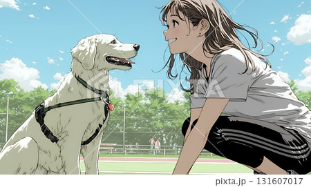 愛犬を調教している若い女性