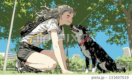 愛犬を調教している若い女性