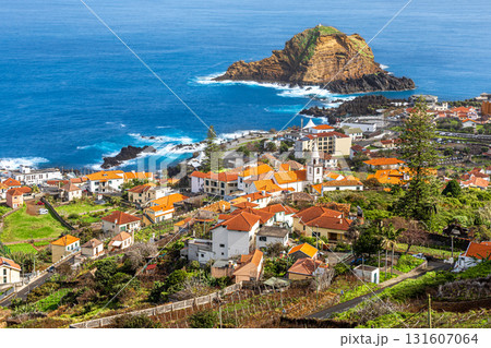 View of the small resort village of Porto Moniz on the Atlantic coast of Madeira Island, Portugal 131607064