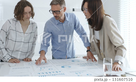 Business team analyzing financial data and discussing growth strategies during a productive meeting in a modern office. Business people concept 131607510