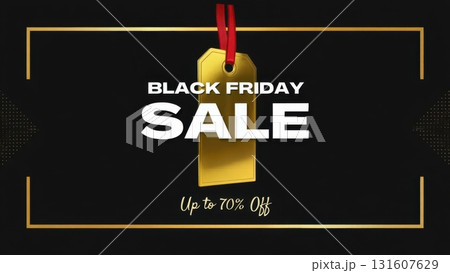 Luxury Black Friday sale banner with gold tag, black background, and elegant text showing up to 70% off 131607629