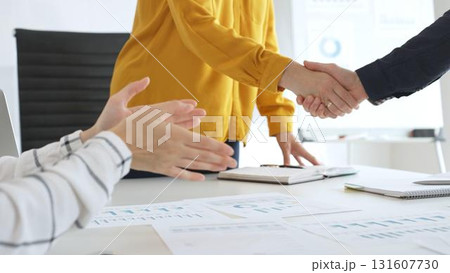 Professional businesspeople shaking hands, confirming partnership agreement in contemporary corporate sunny office. Business handshake Professional businesspeople shaking hands, confirming partnership agreement in contemporary corporate sunny office. Business handshake 131607730