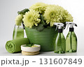home cleaning products in green with flowers. 131607849