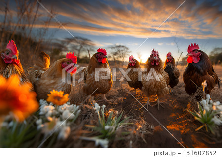 There are a lot of chickens in the meadow There are a lot of chickens in the meadow 131607852