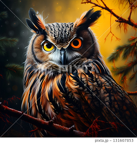 Owl sit in a branch tree and looking on the the camera on forest. Owl sit in a branch tree and looking on the the camera on forest. 131607853