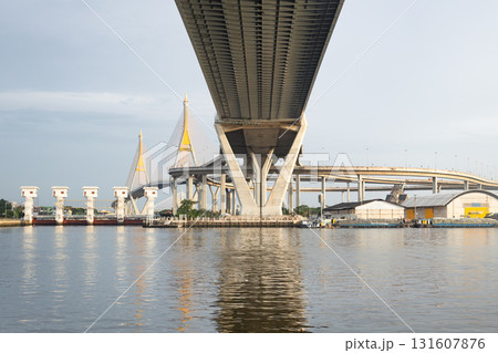 Bhumibol Bridge in Bangkok and Samut Prakan, Thailand. 131607876