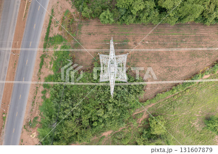 Aerial view of transmission tower. 131607879