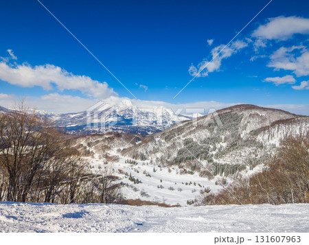 高所の非圧雪コースから望む妙高山と冬の絶景 (長野県、斑尾高原) 131607963
