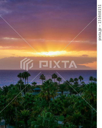 Purple Sunset Over La Gomera island. View from Tenerife with Dramatic Clouds and Silhouetted Palms Purple Sunset Over La Gomera island. View from Tenerife with Dramatic Clouds and Silhouetted Palms 131608151