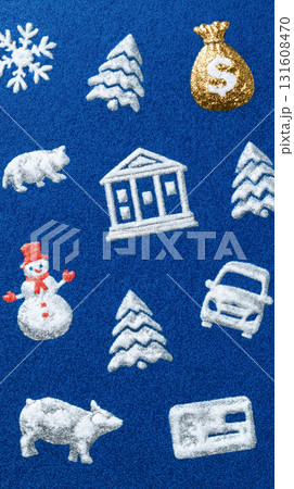 Winter and Finance Themed Embroidered Icons on Blue 131608470