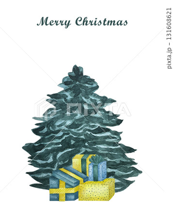 Watercolor Christmas card with christmas tree and gift box. Universal artistic template for greeting cards, cover, flyer, postcard design, New year invitations. 131608621