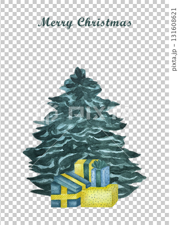 Watercolor Christmas card with christmas tree and gift box. Universal artistic template for greeting cards, cover, flyer, postcard design, New year invitations. 131608621