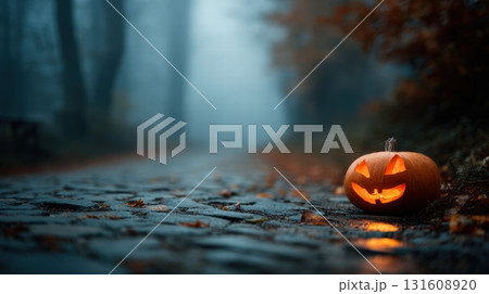 Small carved pumpkin jack-o'-lantern 131608920