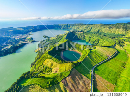 Sete Cidades Caldera. Lakes, Green Fields and Hills. Azores, Sao Miguel Island. Portugal. Aerial Sete Cidades Caldera. Lakes, Green Fields and Hills. Azores, Sao Miguel Island. Portugal. Aerial 131608949