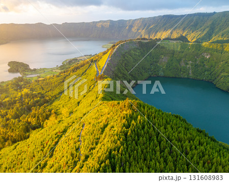 Lake Santiago and Blue Lake. Sete Cidades Caldera at Sunset. Azores, Sao Miguel Island. Portugal 131608983