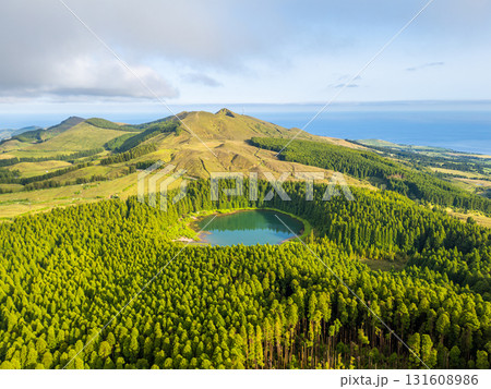Hills, Forest and Lake Lagoa do Canario. Azores, Sao Miguel Island, Portugal. Aerial View Hills, Forest and Lake Lagoa do Canario. Azores, Sao Miguel Island, Portugal. Aerial View 131608986