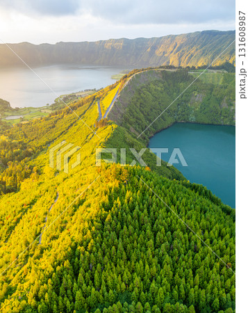 Lake Santiago and Blue Lake. Sete Cidades Caldera at Sunset. Azores, Sao Miguel Island. Portugal Lake Santiago and Blue Lake. Sete Cidades Caldera at Sunset. Azores, Sao Miguel Island. Portugal 131608987