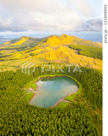 Hills, Forest and Lake Lagoa do Canario at Sunset. Azores, Sao Miguel Island, Portugal. Aerial View 131608993