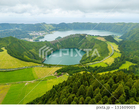 Sete Cidades Caldera. Blue Lake, Rasa Lake and Santiago Lake. Azores, Sao Miguel Island. Portugal 131609005