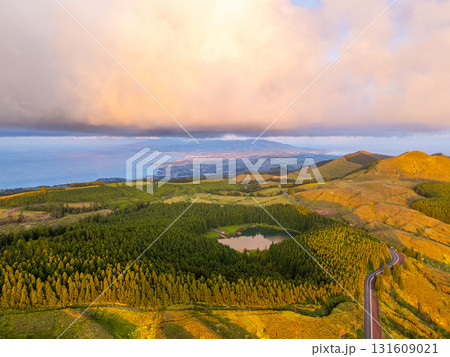 Hills, Forest and Lagoon Canario at Sunset. Atlantic Ocean. Azores, Sao Miguel Island, Portugal Hills, Forest and Lagoon Canario at Sunset. Atlantic Ocean. Azores, Sao Miguel Island, Portugal 131609021