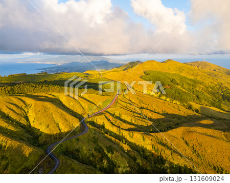 Green Forest Hills at Sunset. Atlantic Ocean. Azores, Sao Miguel Island, Portugal. Aerial View 131609024