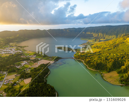 Sete Cidades Caldera. Blue Lake and Green Lake. Azores, Sao Miguel Island. Portugal. Aerial View 131609026