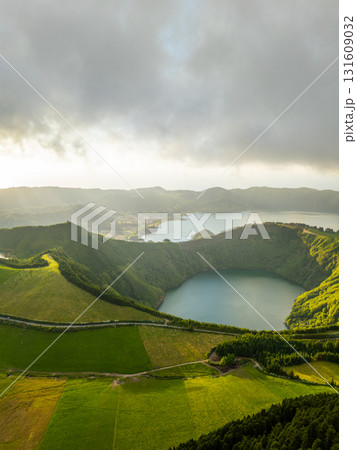 Sete Cidades Caldera. Blue Lake and Santiago Lake. Azores, Sao Miguel Island. Portugal. Aerial View 131609032