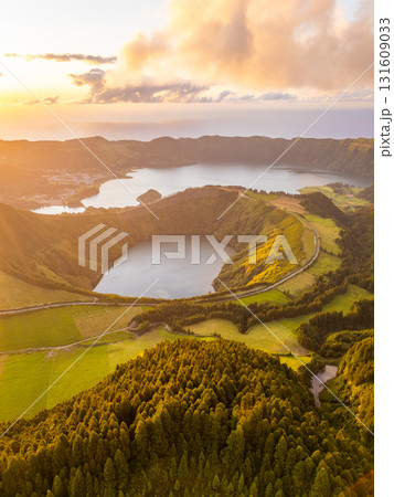 Sete Cidades Massif. Blue Lake and Santiago Lake. Azores, Sao Miguel Island. Portugal. Aerial View 131609033
