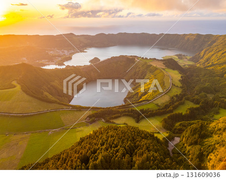 Sete Cidades Massif. Blue Lake and Santiago Lake. Azores, Sao Miguel Island. Portugal. Aerial View 131609036