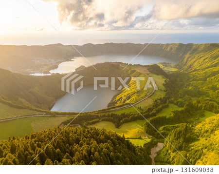 Sete Cidades Caldera. Blue Lake and Santiago Lake. Azores, Sao Miguel Island. Portugal. Aerial View 131609038