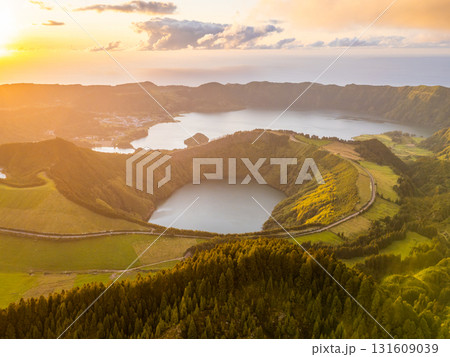 Sete Cidades Caldera. Blue Lake and Santiago Lake. Azores, Sao Miguel Island. Portugal. Aerial View 131609039