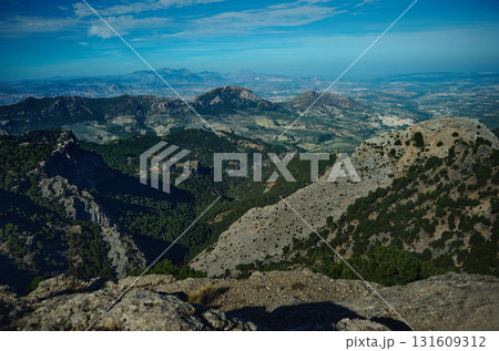 Expansive Mountain Ridge Overlook With Rocky Hills And Forest Under Clear Blue Sky Expansive Mountain Ridge Overlook With Rocky Hills And Forest Under Clear Blue Sky 131609312