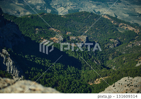 Dramatic Aerial View Of A Deep Forested Canyon With Rugged Cliffs And Green Pines, Expansive Mountain Landscape Showing Nature And Remote Adventure Dramatic Aerial View Of A Deep Forested Canyon With Rugged Cliffs And Green Pines, Expansive Mountain Landscape Showing Nature And Remote Adventure 131609314