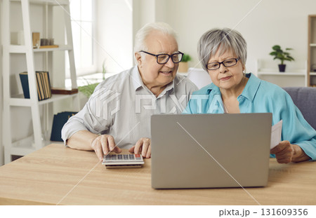 Elderly senior couple sitting at the table with laptop calculating finances planning family budget Elderly senior couple sitting at the table with laptop calculating finances planning family budget 131609356