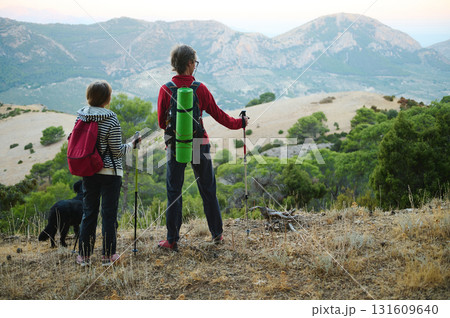 Hikers With Backpacks Overlooking Mountain Range On Trail With Dog Hikers With Backpacks Overlooking Mountain Range On Trail With Dog 131609640